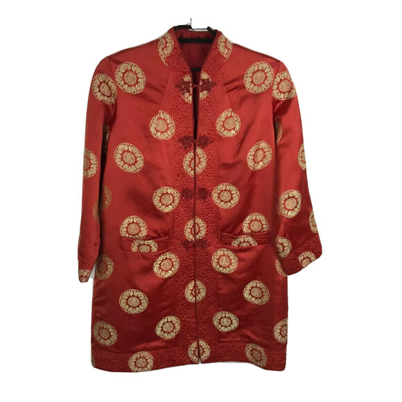 Vintage Womens Blazer Size M/L Red Gold Asian Style Quilted Accents Sateen - Picture 1 of 12
